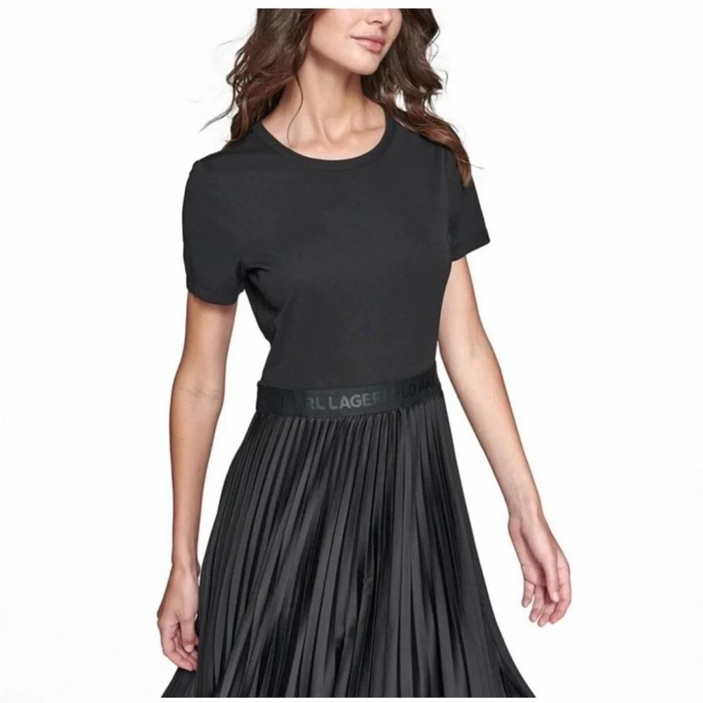 NWT. Karl Lagerfeld Monogramed Mixed-Media Pleated Midi Dress - Picture 4 of 10